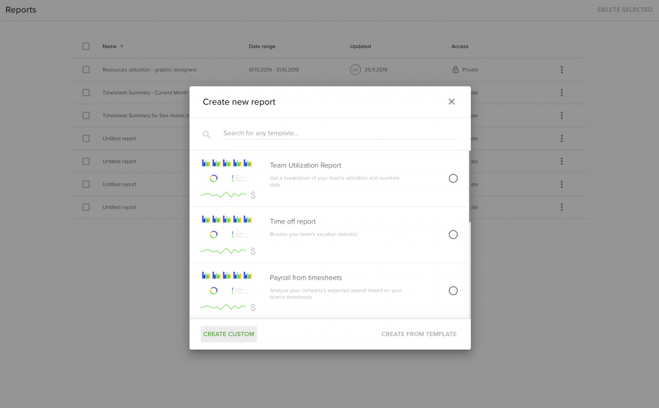 Detailed timesheet report and worked hours spent by each employee starts with creating a new report